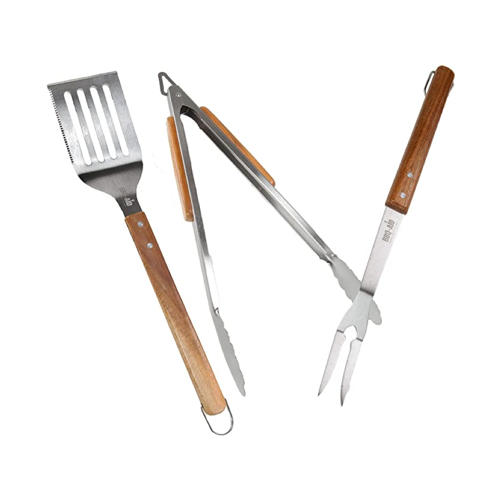 BBQ-AID 3 Piece Grill Set Accessories Tongs, Spatula & Fork Utensils Heavy